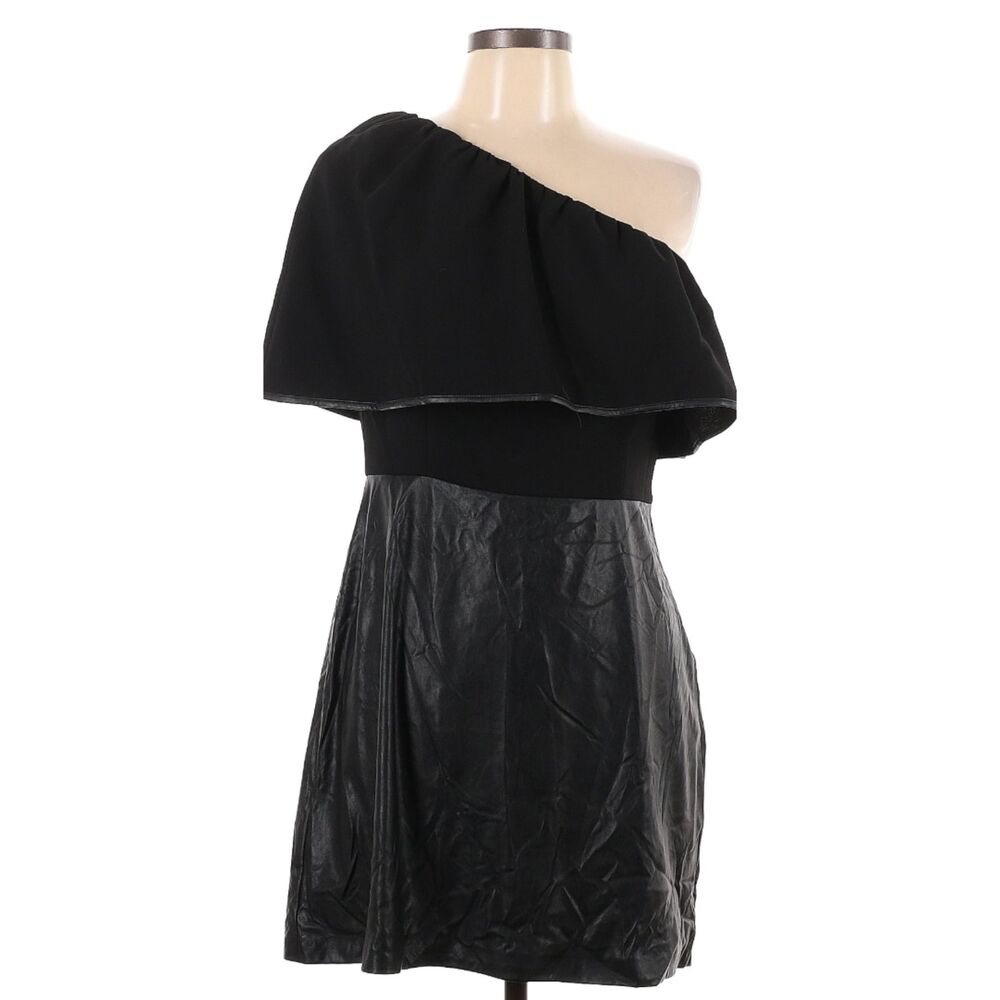 BCBGeneration Black Faux Leather & Ruffle One-Shoulder Dress Size 10 NWT